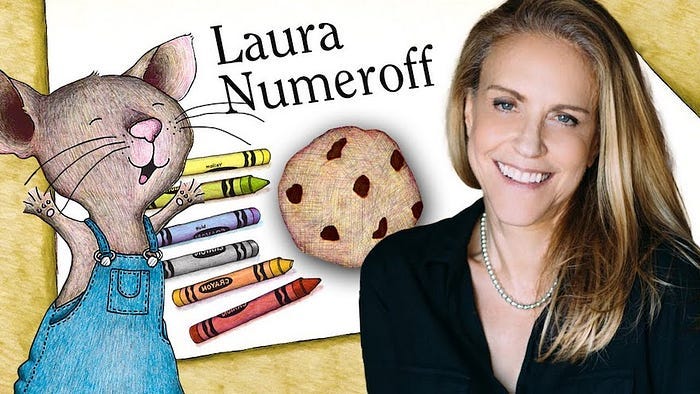 Laura Numeroff and a detail from the cover of her book Laura Numeroff and a detail from the cover of her book
