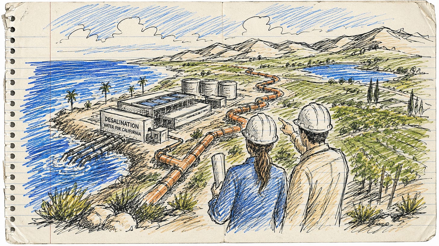 Hand-drawn sketchbook illustration of a young woman with a ponytail and a     ▎ man, both in white hard hats, viewed from behind looking out over a           ▎ California coastal desalination plant labeled "DESALINATION WATER FOR         ▎ CALIFORNIA." Rust-orange pipes carry water from the plant inland across the   ▎  landscape toward green vineyards, agricultural fields, and a distant   ▎ reservoir under blue mountains.