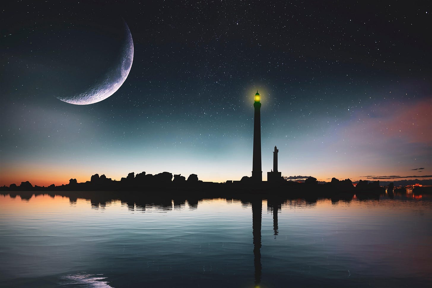 A lighthouse on the horizon with a crescent moon in the sky.