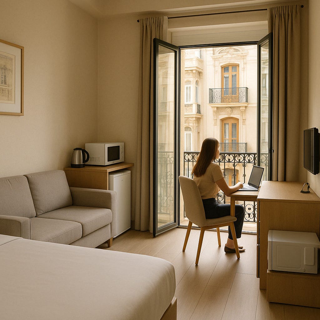 A minimalist co-living room with soft natural light streaming in through open French doors. A woman sits at a desk with her laptop, facing a classic European balcony. The room includes a bed, small couch, microwave, kettle, and mini fridge, offering comfort and function in a quiet, personal workspace. Image created with DALL·E. A minimalist co-living room with soft natural light streaming in through open French doors. A woman sits at a desk with her laptop, facing a classic European balcony. The room includes a bed, small couch, microwave, kettle, and mini fridge, offering comfort and function in a quiet, personal workspace. Image created with DALL·E.