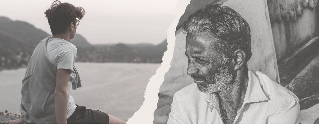 A boy and an old man sit