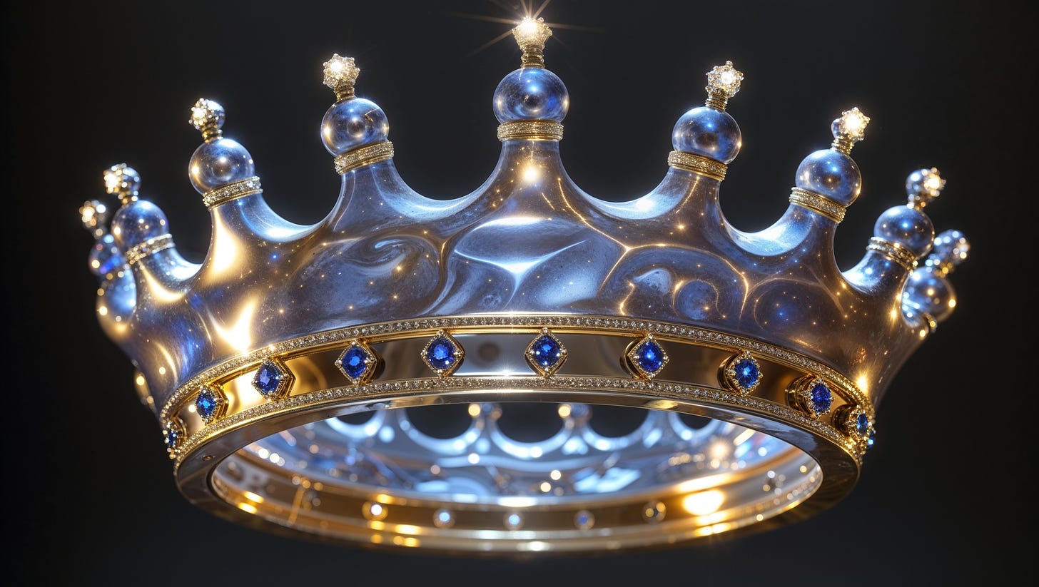 Iridescent silver and gold crown, with sapphires and diamonds, representing the crown of King Solomon's espousals, from Song of Solomon 3:11, which prophetically references the crown of the Messiah, Jesus Christ, in Isaiah 28:5, Isaiah 62:3, Zechariah 6:11-13, and Revelation 19:12-13 KJV. Iridescent silver and gold crown, with sapphires and diamonds, representing the crown of King Solomon's espousals, from Song of Solomon 3:11, which prophetically references the crown of the Messiah, Jesus Christ, in Isaiah 28:5, Isaiah 62:3, Zechariah 6:11-13, and Revelation 19:12-13 KJV.