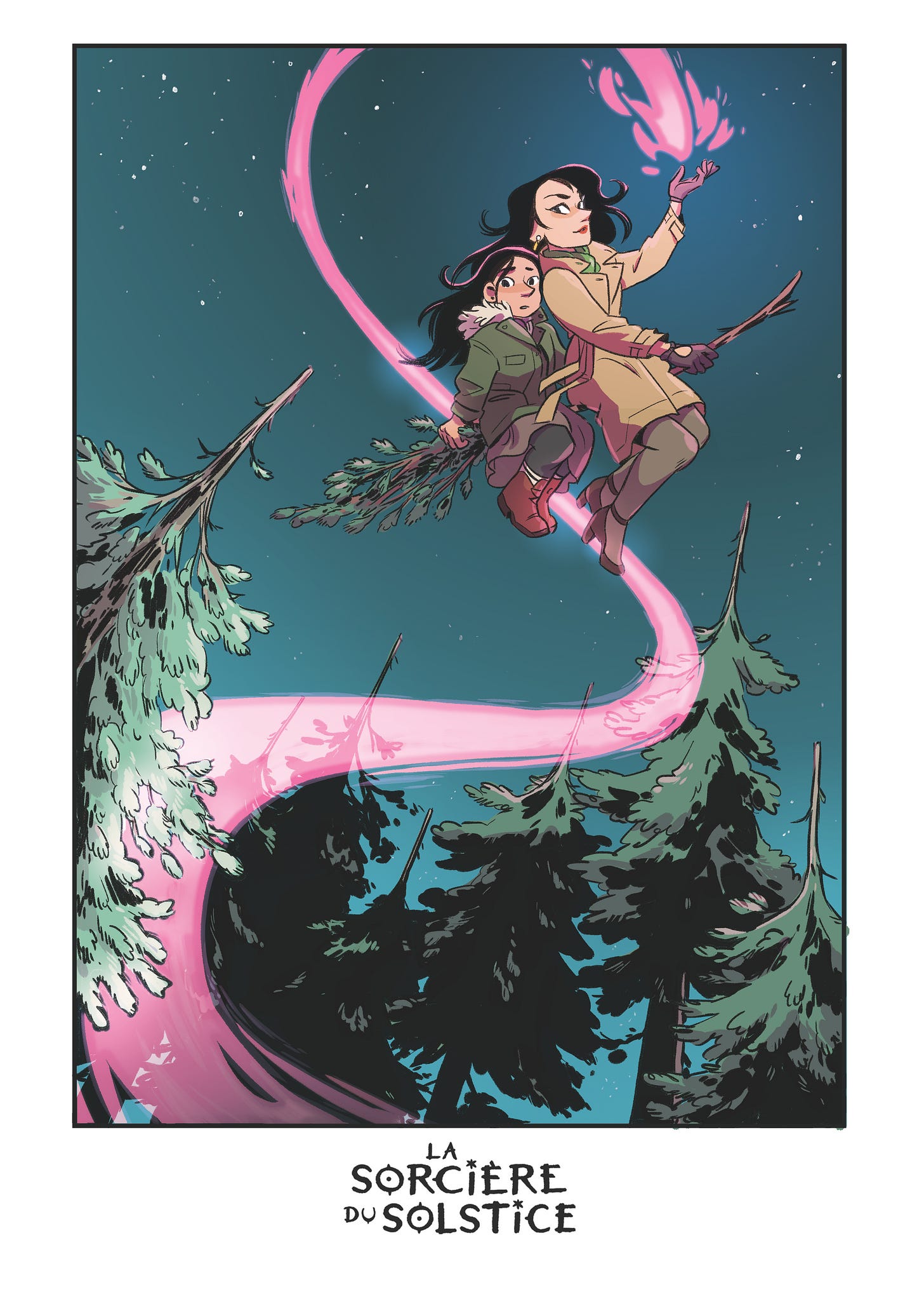 an illustration of Ariel, from the Midwinter Witch, being kidnapped on a broomstick by her aunt