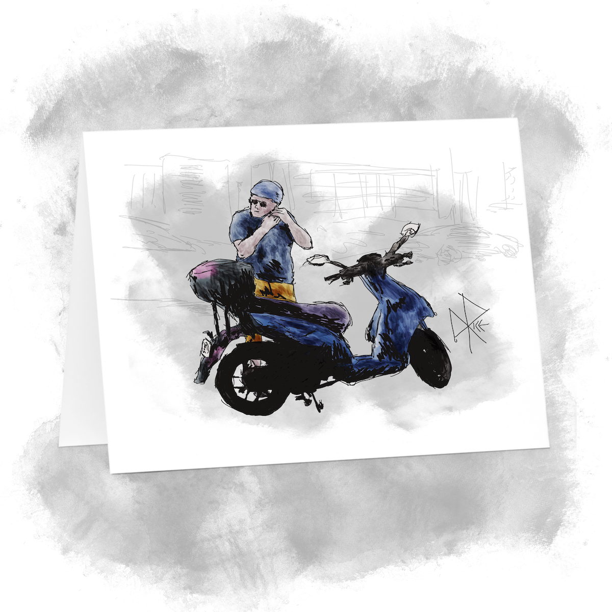 A man straps on his helmet as he stands beside a parked scooter. Sketch art by Don Rice.A man straps on his helmet as he stands beside a parked scooter. Sketch art by Don Rice. A man straps on his helmet as he stands beside a parked scooter. Sketch art by Don Rice.A man straps on his helmet as he stands beside a parked scooter. Sketch art by Don Rice.