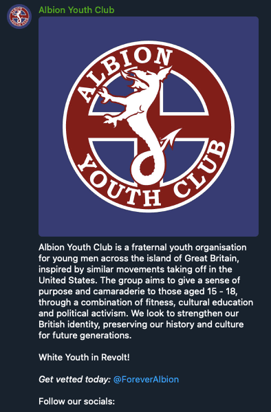 Screenshot from Telegram showing the first message from Albion Youth Club. It includes a variation of the white nationalist Celtic Cross, a symbol widely used by Active Clubs, with the text “Albion Youth Club” and the image of a dragon. Screenshot from Telegram showing the first message from Albion Youth Club. It includes a variation of the white nationalist Celtic Cross, a symbol widely used by Active Clubs, with the text “Albion Youth Club” and the image of a dragon.