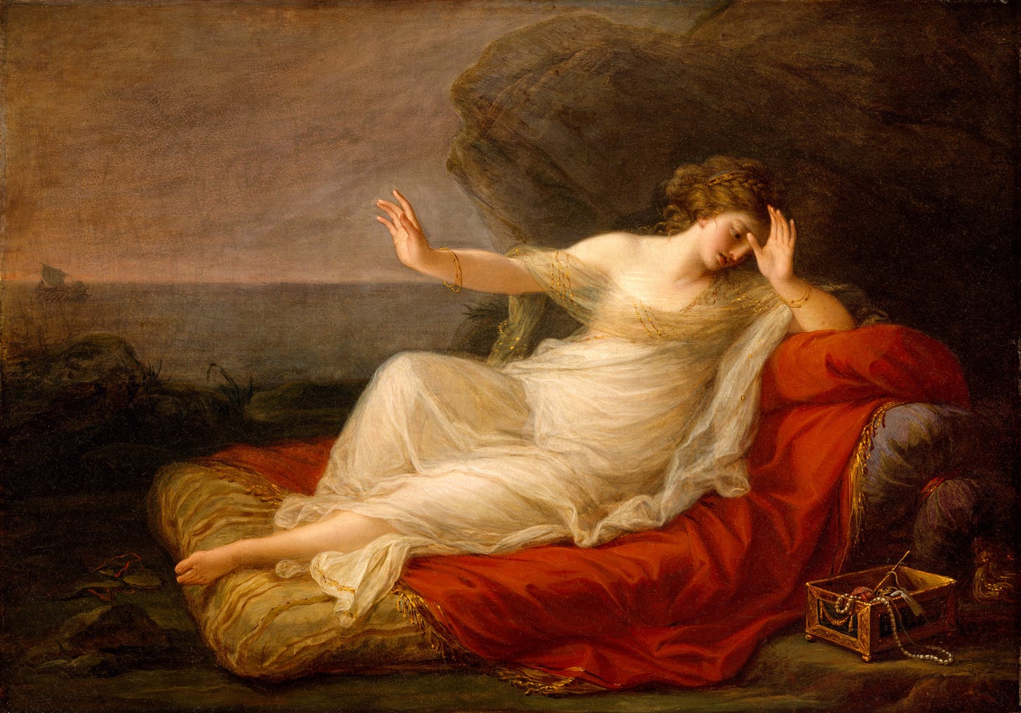 Ariadne sits alone on the shore of Naxos, head lowered, as Theseus's ship sails away in the distance. Painting by Angelica Kauffmann, circa 1774. Ariadne sits alone on the shore of Naxos, head lowered, as Theseus's ship sails away in the distance. Painting by Angelica Kauffmann, circa 1774.