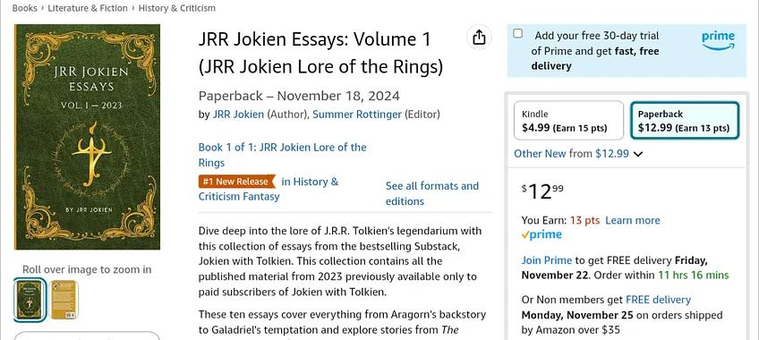 A screenshot of "JRR Jokien Essays: Volume 1" in the Amazon store, with both paperback and Kindle versions available. A small banner labels it as the #1 New Release in History & Criticism Fantasy"