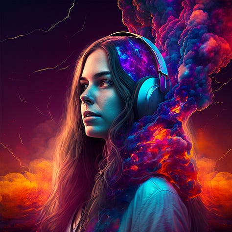 A variety of images including a self portrait, all on MidJourney V5, all my own ideas that I'm attempting to create using this tool. Love these.