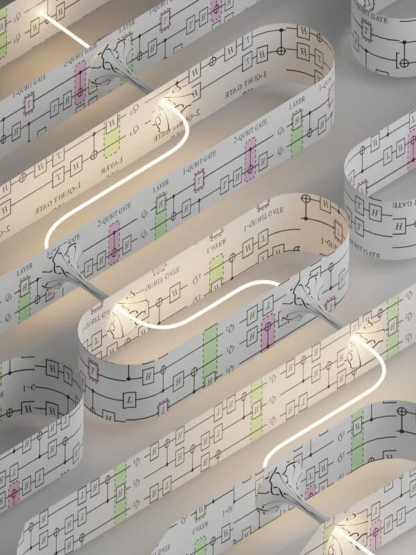 A thin, lighted cable runs through the neighboring walls of a paper model of a microcircuit. A thin, lighted cable runs through the neighboring walls of a paper model of a microcircuit.