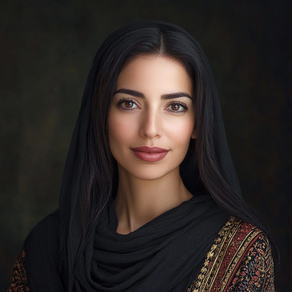 Liat Portal for The Liat Show — Liat Portal reimagined by MidJourney. The portrait presents her with long dark hair, expressive brown eyes, and a calm, confident presence. She wears a traditional black shawl with intricate embroidered patterns along the shoulders, blending cultural elegance with modern artistry. The soft lighting and deep background highlight her features, reflecting the creative and cross-cultural spirit that defines The Liat Show.