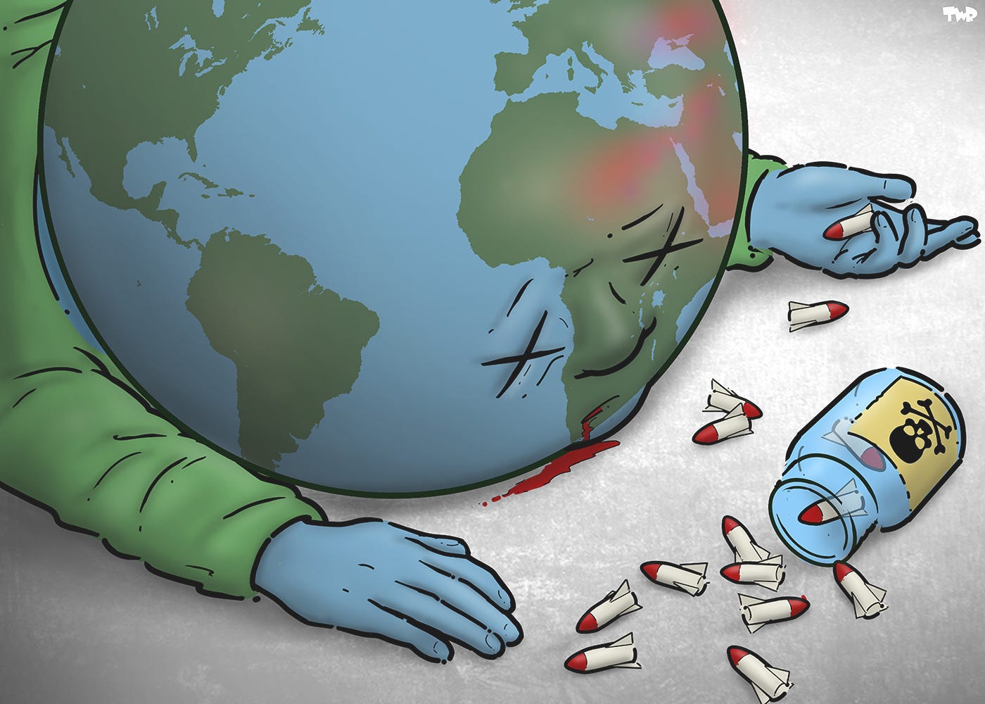 Cartoon showing a person with a head shaped like the planet earth lying dead on the ground with blood coming out of his mouth. In his hand, he is grasping an open bottle of pills with a skull on the label. The pills are shaped like missiles and are scattered on the floor.