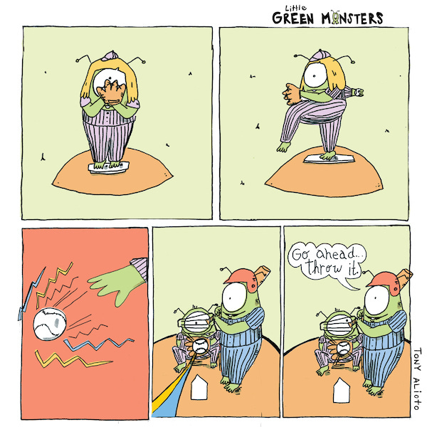 A little green monster stands at the pitcher mound ready to pitch a baseball. She throws the ball. Another green monster is holding the bat waiting to swing. The ball is in the catcher’s mitt. The green monster says, “Go ahead. Throw it!”