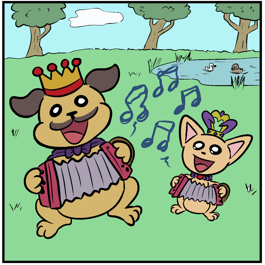 Comic panel 1: Outside near a pond, two of the Princess Pups, Pug Pup and TeaCup Pup, are playing accordions! Creaky music notes float out of their instruments Comic panel 1: Outside near a pond, two of the Princess Pups, Pug Pup and TeaCup Pup, are playing accordions! Creaky music notes float out of their instruments