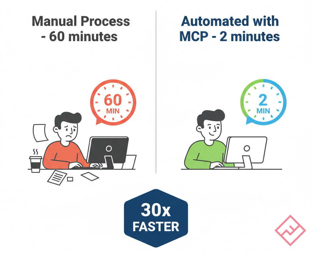 Side-by-side comparison of manual design token extraction taking 60 minutes versus automated extraction with MCP taking 2 minutes