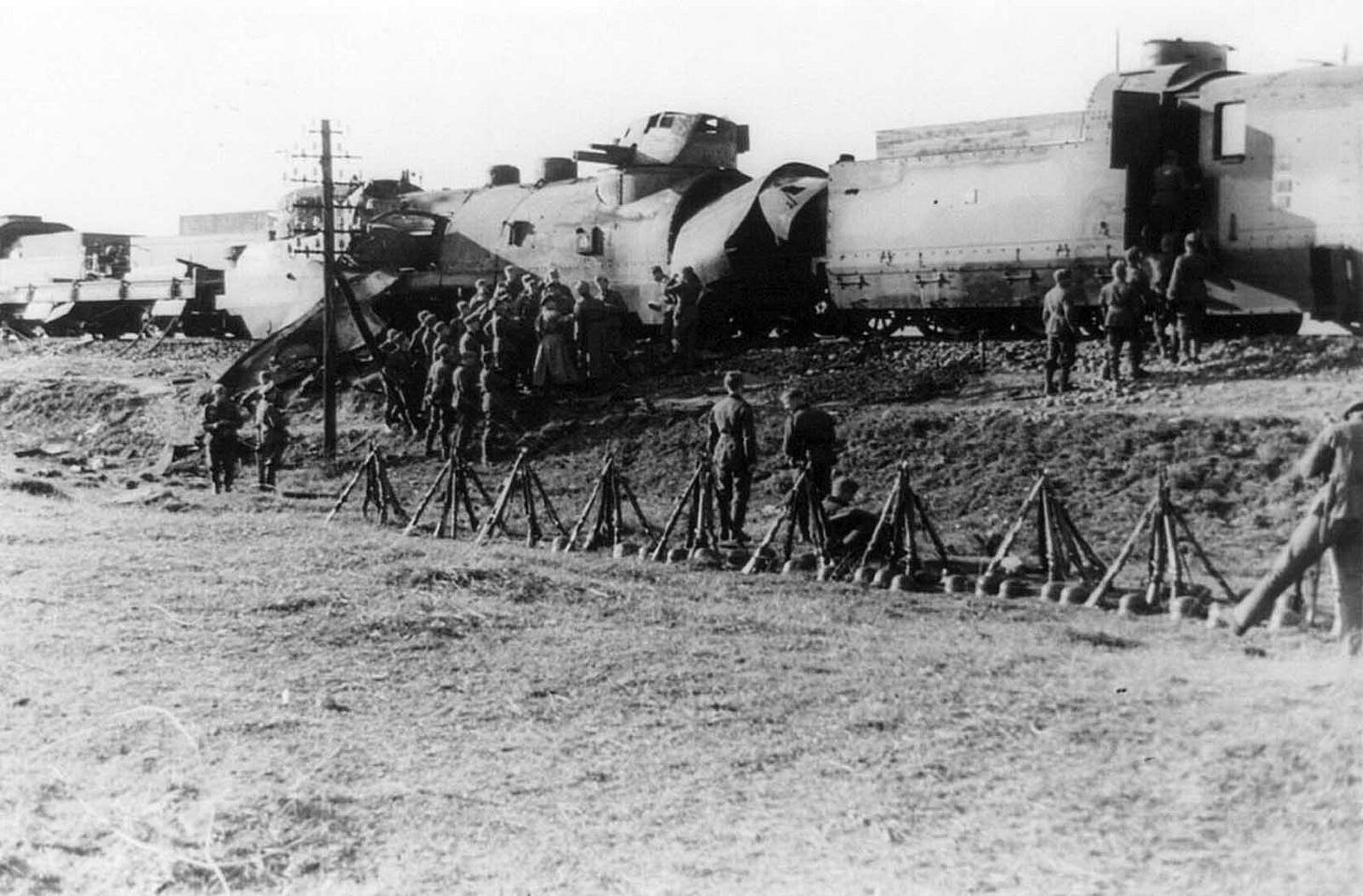A damaged Polish armored train, laden with captured tanks, near Blonie. This was seized by the 14th SS-Leibstandarte Adolf Hitler Division during the September 1939 invasion. A damaged Polish armored train, laden with captured tanks, near Blonie. This was seized by the 14th SS-Leibstandarte Adolf Hitler Division during the September 1939 invasion.