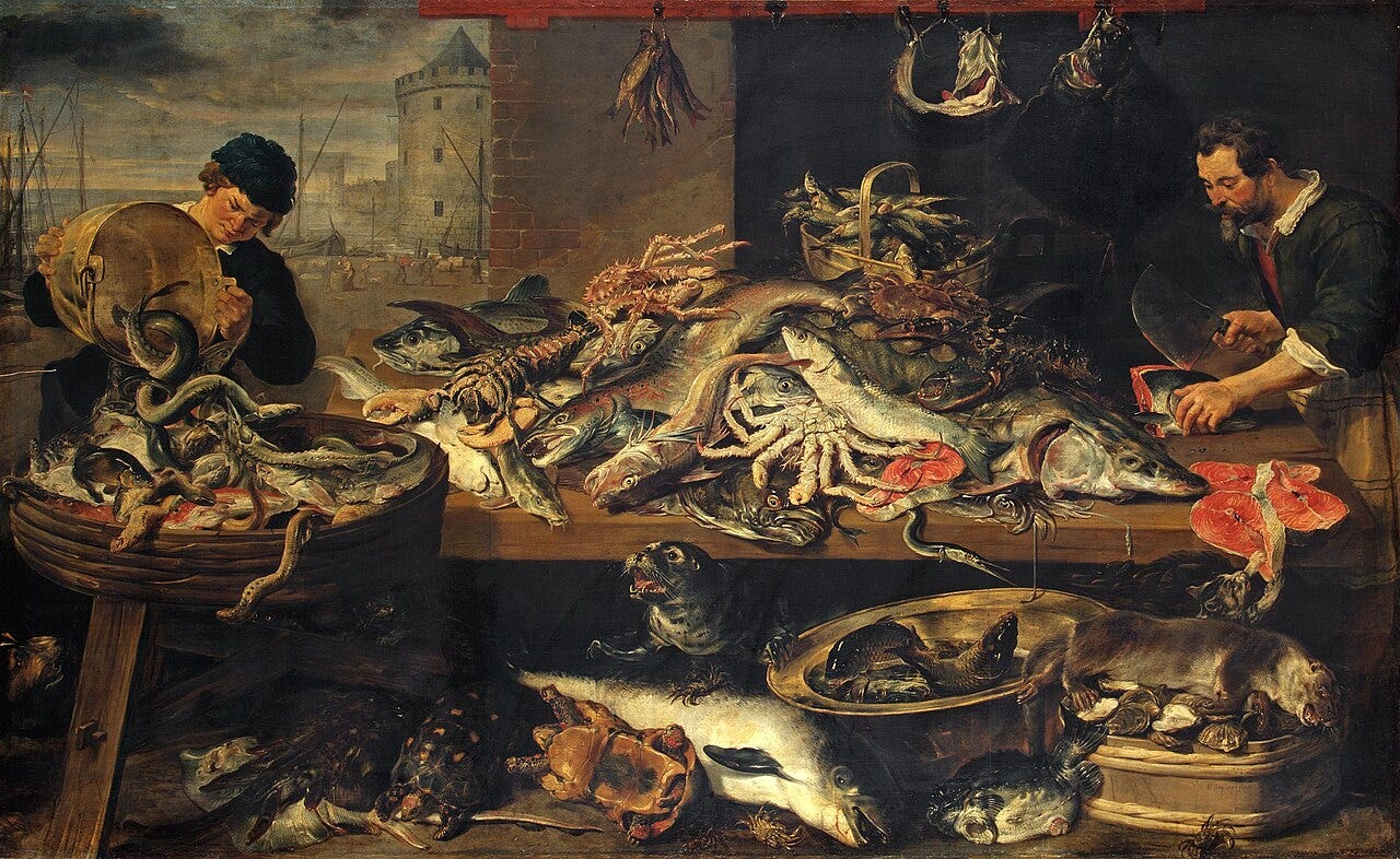 A vast stall heaped with fish, lobsters, game and fowl in a Flemish market A vast stall heaped with fish, lobsters, game and fowl in a Flemish market