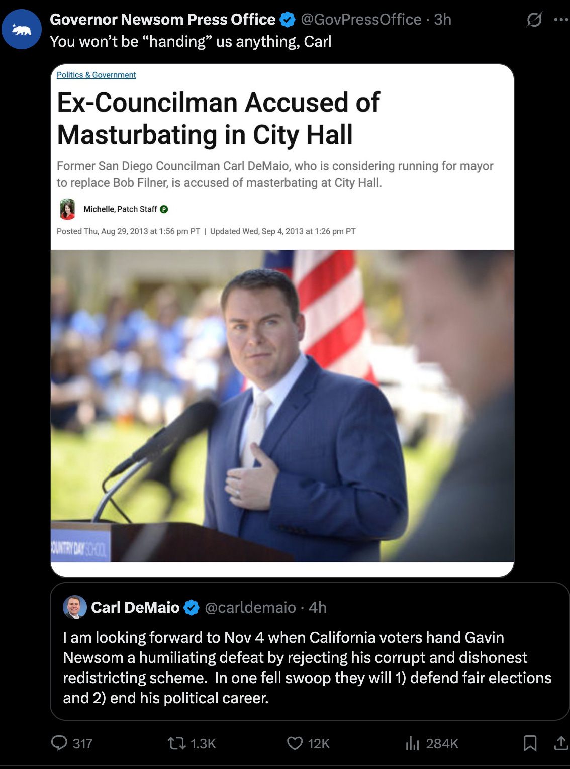Newsom Press: "You won’t be “handing” us anything, Carl" (with screenshot of story about DeMaio being accused of masturbating in City Hall) Newsom Press: "You won’t be “handing” us anything, Carl" (with screenshot of story about DeMaio being accused of masturbating in City Hall)