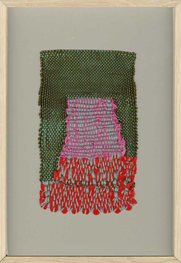 This may contain: an art work with different colors and patterns on the fabric, framed in a wooden frame