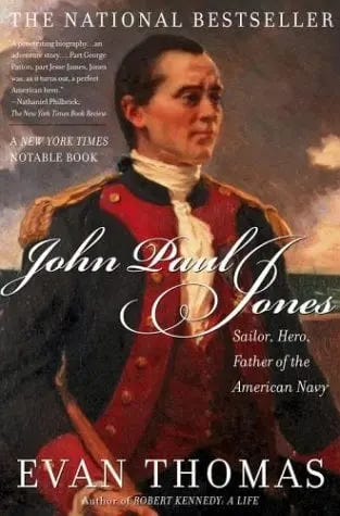 Book cover showing a portrait of John Paul Jones in 18th-century naval uniform against a dark background, with the title “John Paul Jones” in elegant script and the author’s name, Evan Thomas, below.