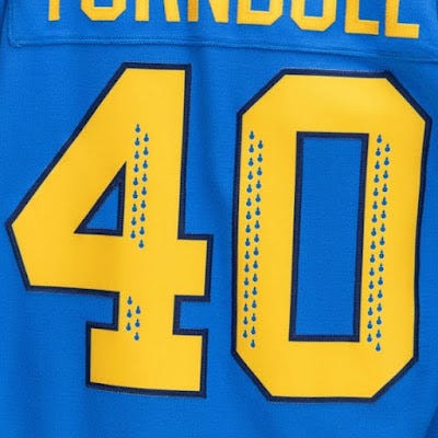 Close up of Toronto scepter jersey number, with small orbs showing in numbers.