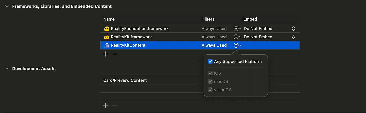 remember to add this RealityKitContent framework in your project settings and check platform supports remember to add this RealityKitContent framework in your project settings and check platform supports