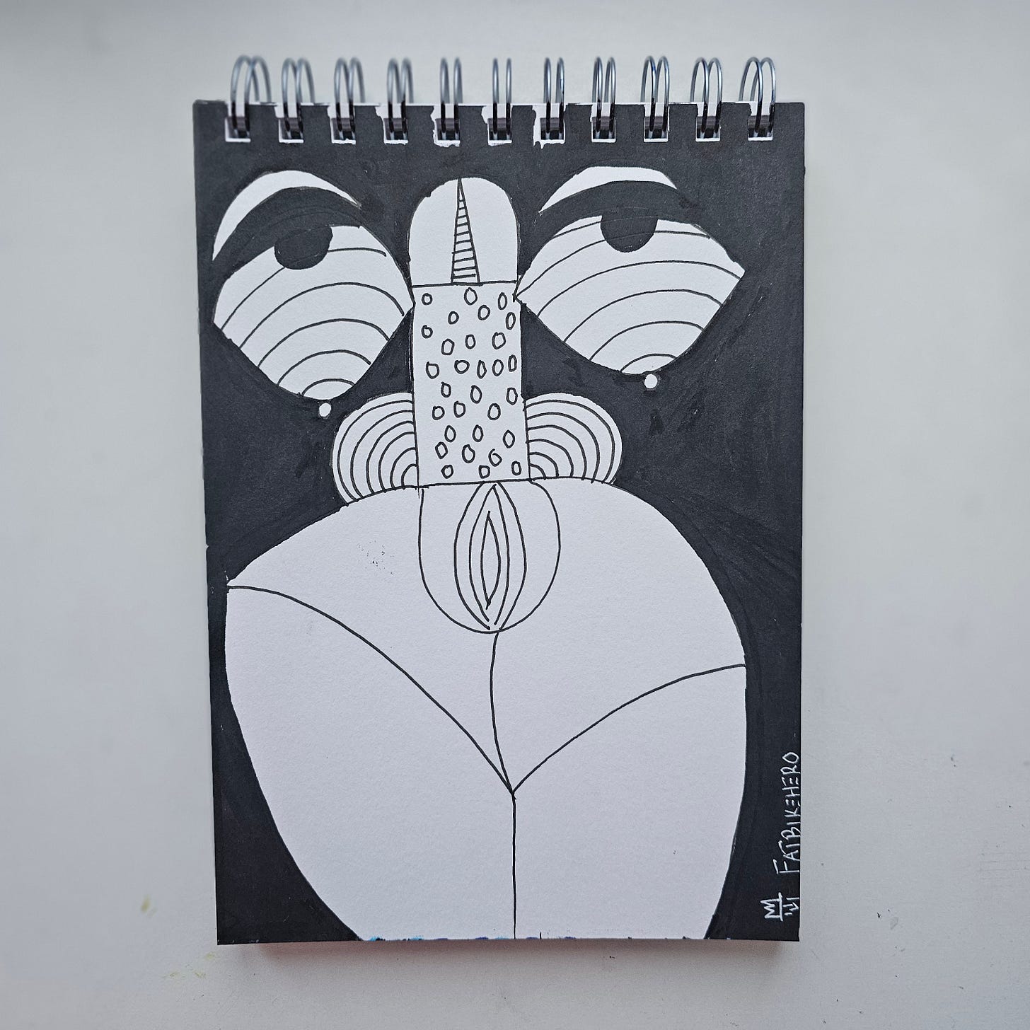 A high-contrast black and white ink drawing by artist FatbikeHero. The image features a surreal, abstract face composed of phallic and yonic shapes, with large eyes containing concentric circles. The style is graphic, bold, and reminiscent of underground comic art, set against a solid black background.