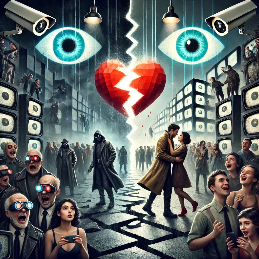 Dystopian world of humans in very superficial relationships with a heart split in two as human connectin is lost. Dystopian world of humans in very superficial relationships with a heart split in two as human connectin is lost.