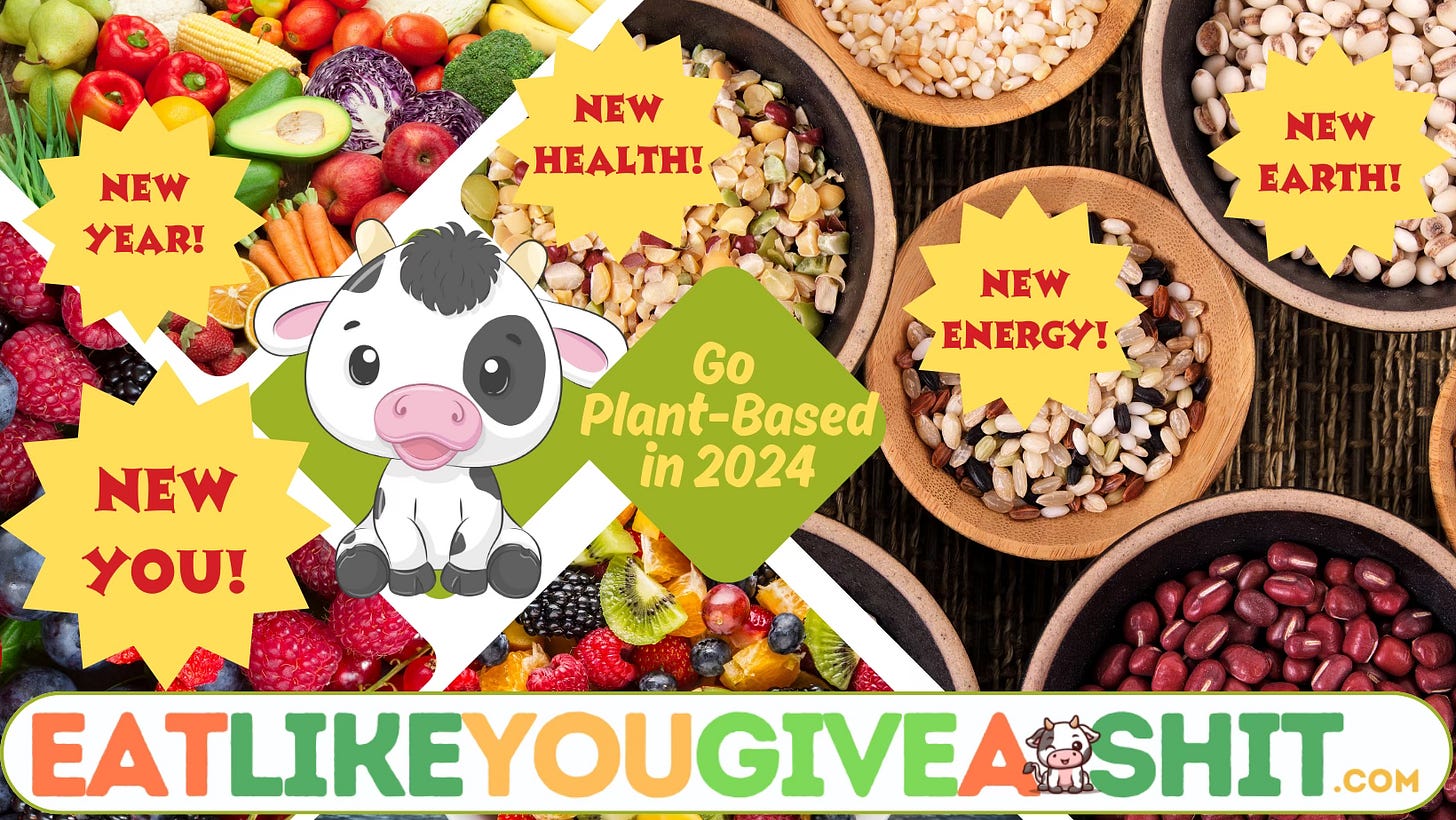 Fruits, veggies, berries, and grains with "New year" "New You" "New Health" and "New Earth" and cute cartoon calf