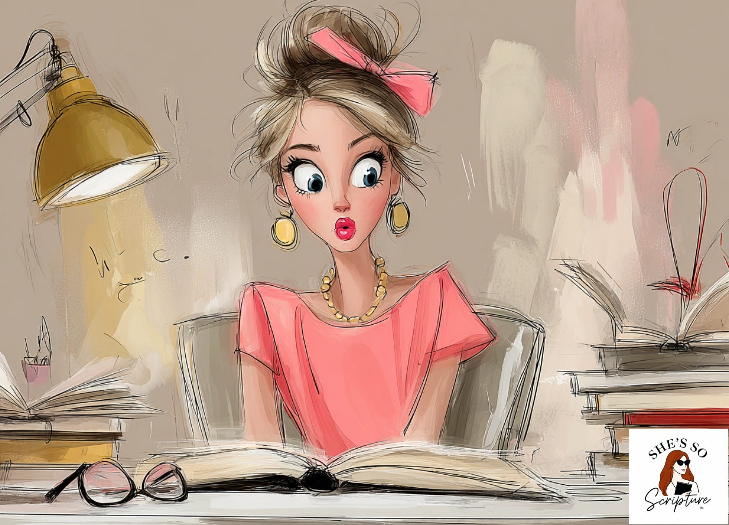 Illustrated woman sitting at a desk with an open book in front of her. She looks surprised.