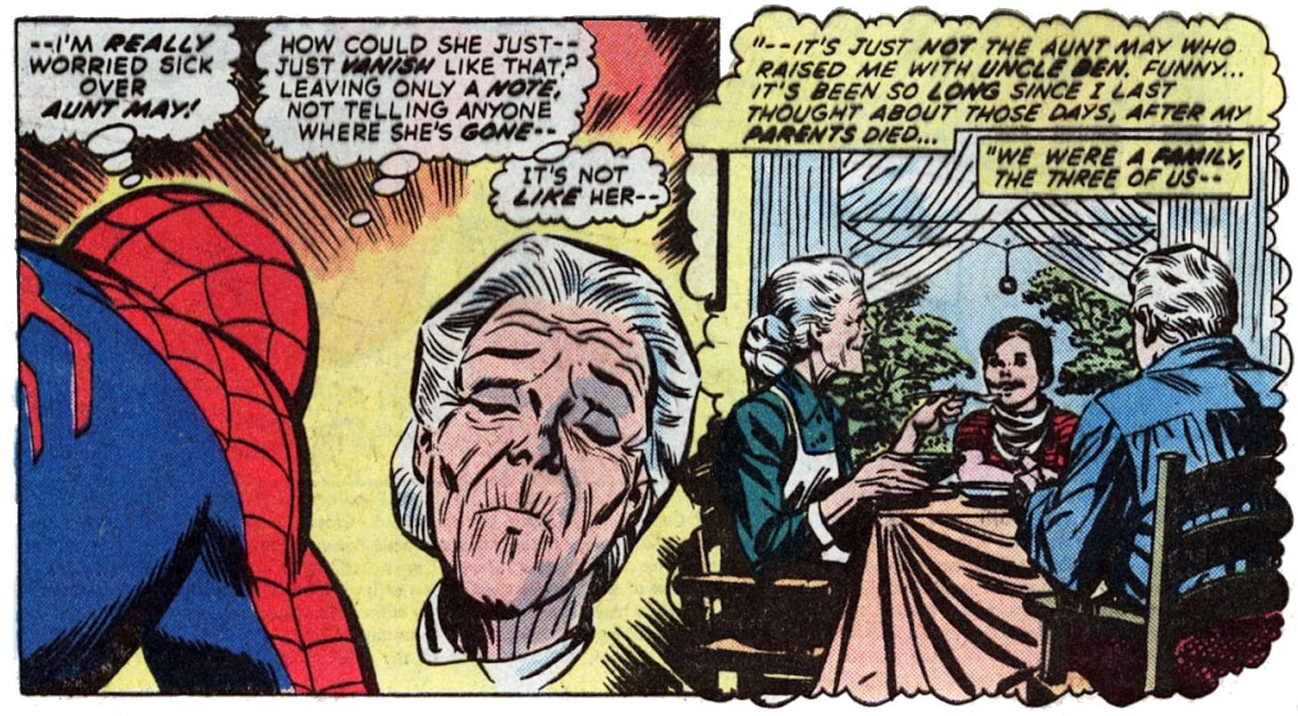 Flashback panels from this issue of Marvel Tales where Peter looks like a kid and Aunt May still looks really really old