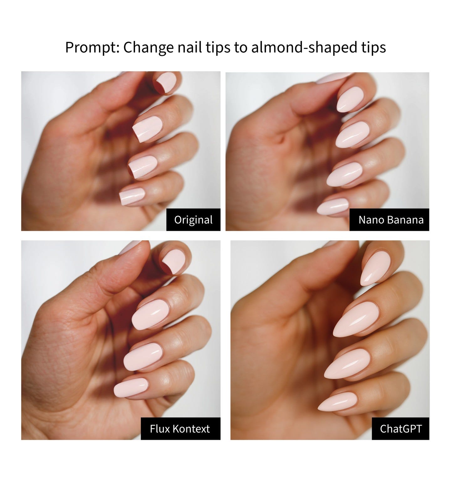 May be an image of 4 people, fingernails and text that says 'Prompt: Change nail tips to almond-shaped pt:Changenailtpstoalmond-shaped tips Original Orig Nano NanoBanana Banana Flux Kontext ChatGPT'
