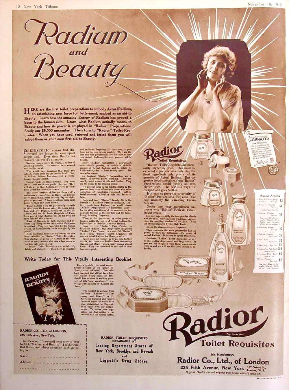 Vintage advertisement titled "Radium and Beauty" showcasing Radior beauty products, including various creams and powders, with a woman gazing upward, dated November 10, 1918. Vintage advertisement titled "Radium and Beauty" showcasing Radior beauty products, including various creams and powders, with a woman gazing upward, dated November 10, 1918.