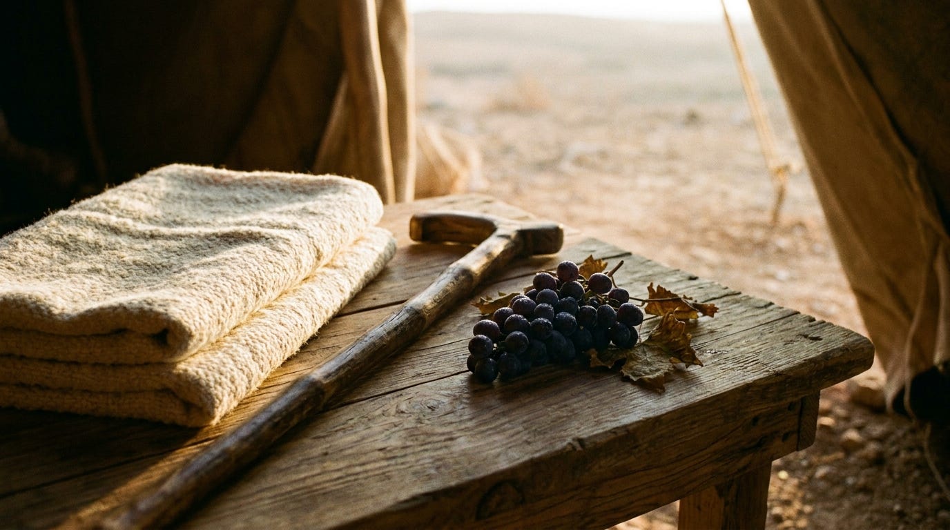 A close still life of a length of undyed woven wool cloth folded across a carved olive-wood staff at a tent doorway in warm dawn light, a few dark grapes and fallen vine leaves on the packed earth below, no people, no faces, no text A close still life of a length of undyed woven wool cloth folded across a carved olive-wood staff at a tent doorway in warm dawn light, a few dark grapes and fallen vine leaves on the packed earth below, no people, no faces, no text