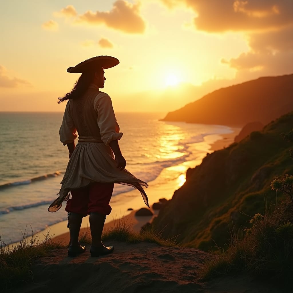 Juan de Esquivel, dressed in 16th-century Spanish attire, standing on a windswept Jamaican coastline, surveying the island's lush landscape, as the warm Caribbean sun sets behind him
