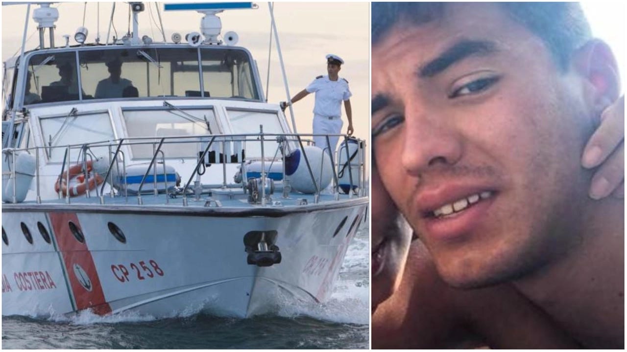 Una imbarcazione della Guardia Costiera. Nel riquadro la vittima, Aaron Ursich, originario di Trieste Una imbarcazione della Guardia Costiera. Nel riquadro la vittima, Aaron Ursich, originario di Trieste