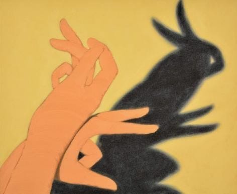 This may contain: two hands reaching towards each other in front of a black shadow on a yellow background