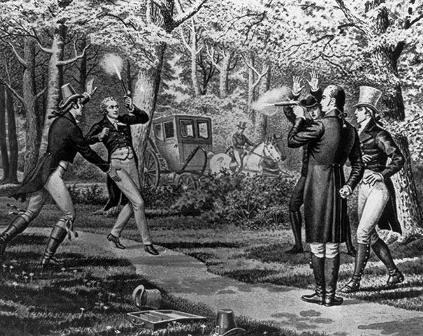 Illustration of two men dueling with pistols in a wooded area as onlookers watch; a carriage and horses are in the background.