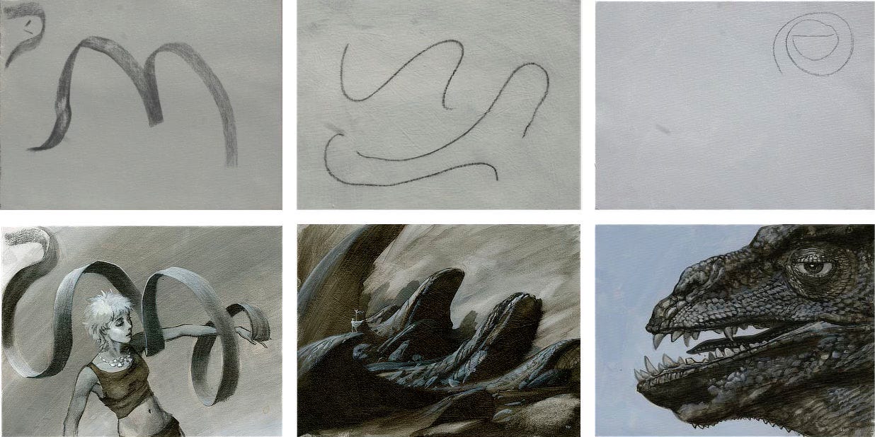 Before (TOP) and after (BOTTOM) images for three paintings. LEFT: an M shaped squiggle becomes a ribbon twirling around the arm of a skinny woman in tank top with short blonde hair. CENTER: Three curvy lines because a windswept alien landscape with slopes of rock breaking skyward from the surface. A tiny solitary figure in white cape holding a staff stands on a “wave” of earth. Are they traveling the terrain or did their geomancy do this? RIGHT: A spiral with a flat line in the center becomes the profile of a scaly reptilian face with half lidded eye and mouth open to reveal a short tongue between jagged teeth.