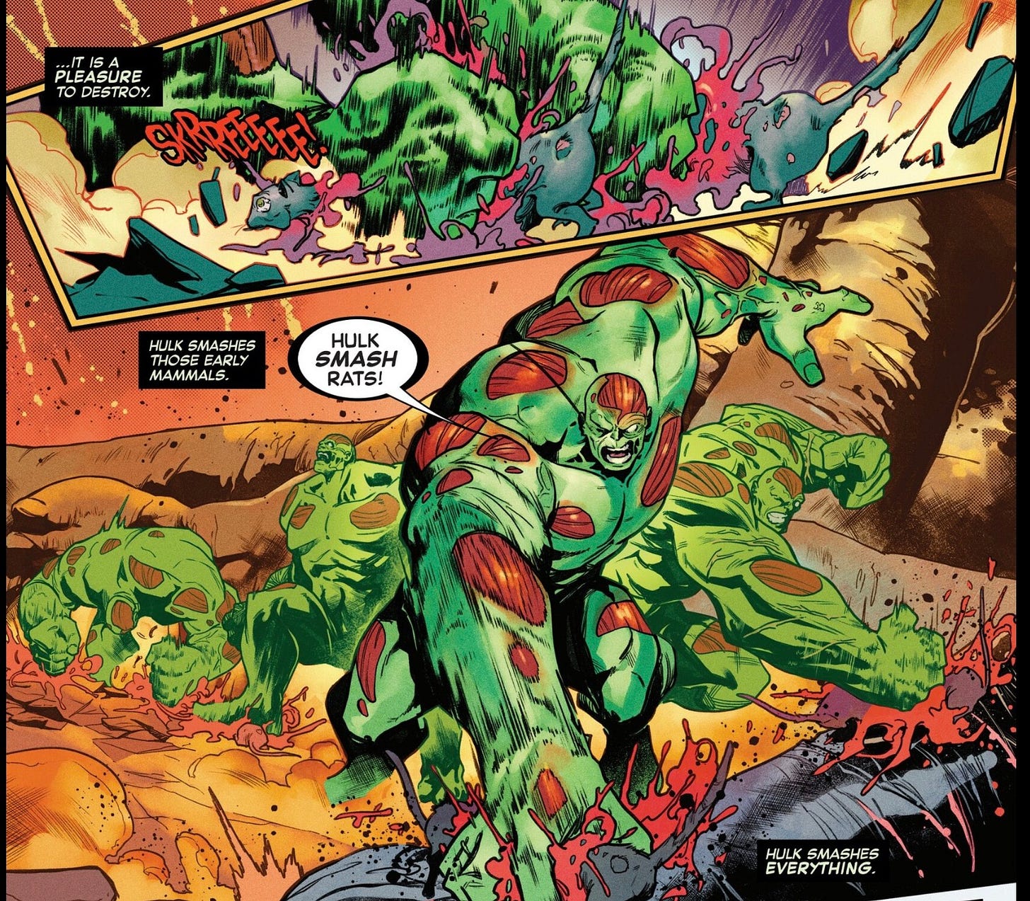 Comic panel from Hulk Smash Everything #2 showing multiple Hulks smashing several small mammal survivors shortly after the Chicxulub impact. The Hulk refers to the animals as rats while crushing them in a devastated post-extinction landscape. In the story, these mammals represent the kinds of early placental mammals whose descendants would eventually include primates and humans, causing a temporal crisis when they are killed.