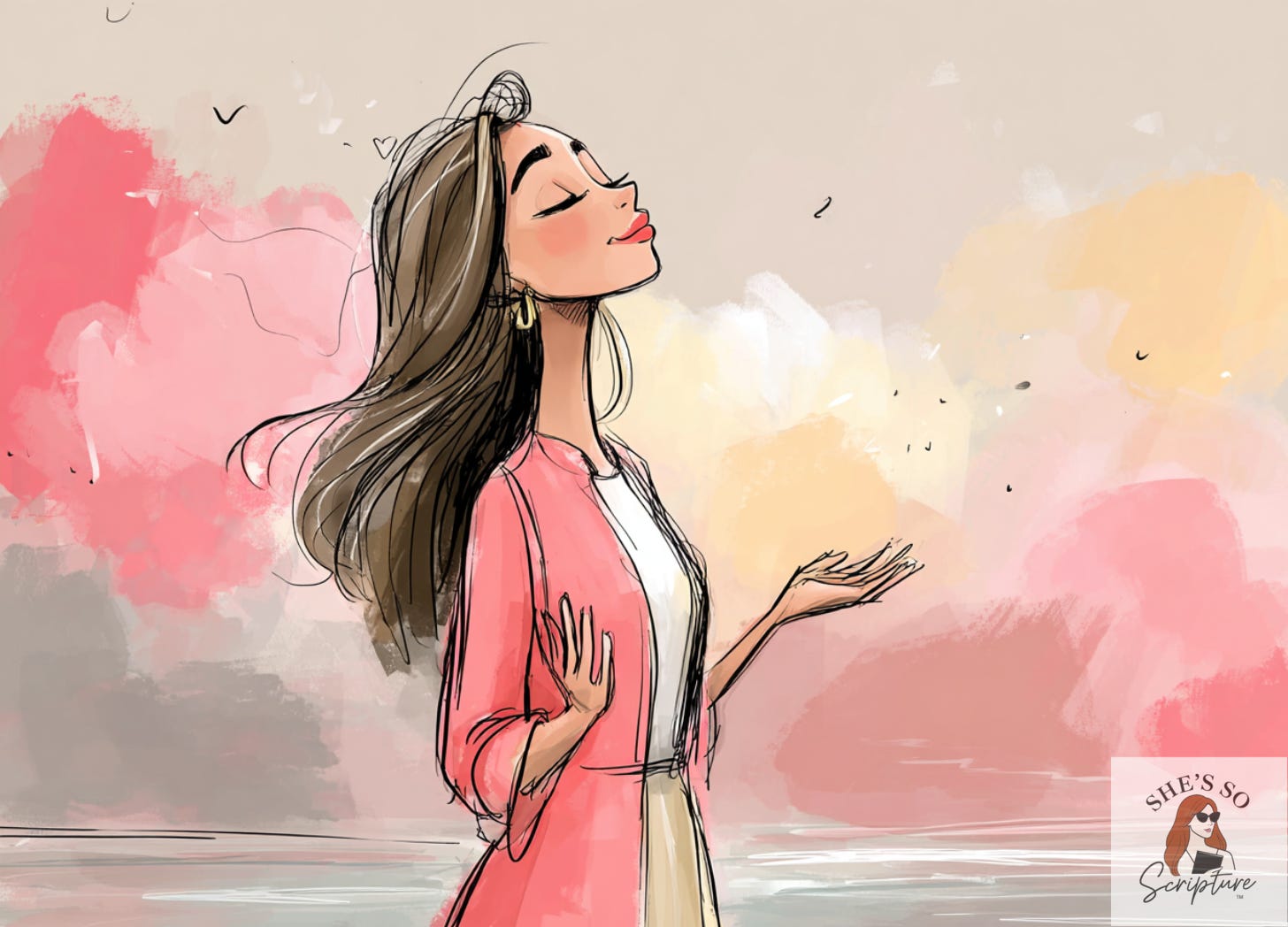 Illustrated woman standing peacefully beside a calm river with open hands, symbolizing surrender and trust in God, inspired by Psalm 46:10 ‘Be still and know that I am God.’ Soft watercolor and pencil illustration in blush and mauve tones. Illustrated woman standing peacefully beside a calm river with open hands, symbolizing surrender and trust in God, inspired by Psalm 46:10 ‘Be still and know that I am God.’ Soft watercolor and pencil illustration in blush and mauve tones.