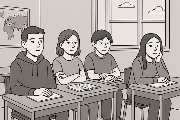 a cartoon-style image of passive teenagers sitting in a humanities classroom, some slouched in their chairs, a teacher at the front talking, students looking bored or disengaged, colourful classroom posters on the walls a cartoon-style image of passive teenagers sitting in a humanities classroom, some slouched in their chairs, a teacher at the front talking, students looking bored or disengaged, colourful classroom posters on the walls