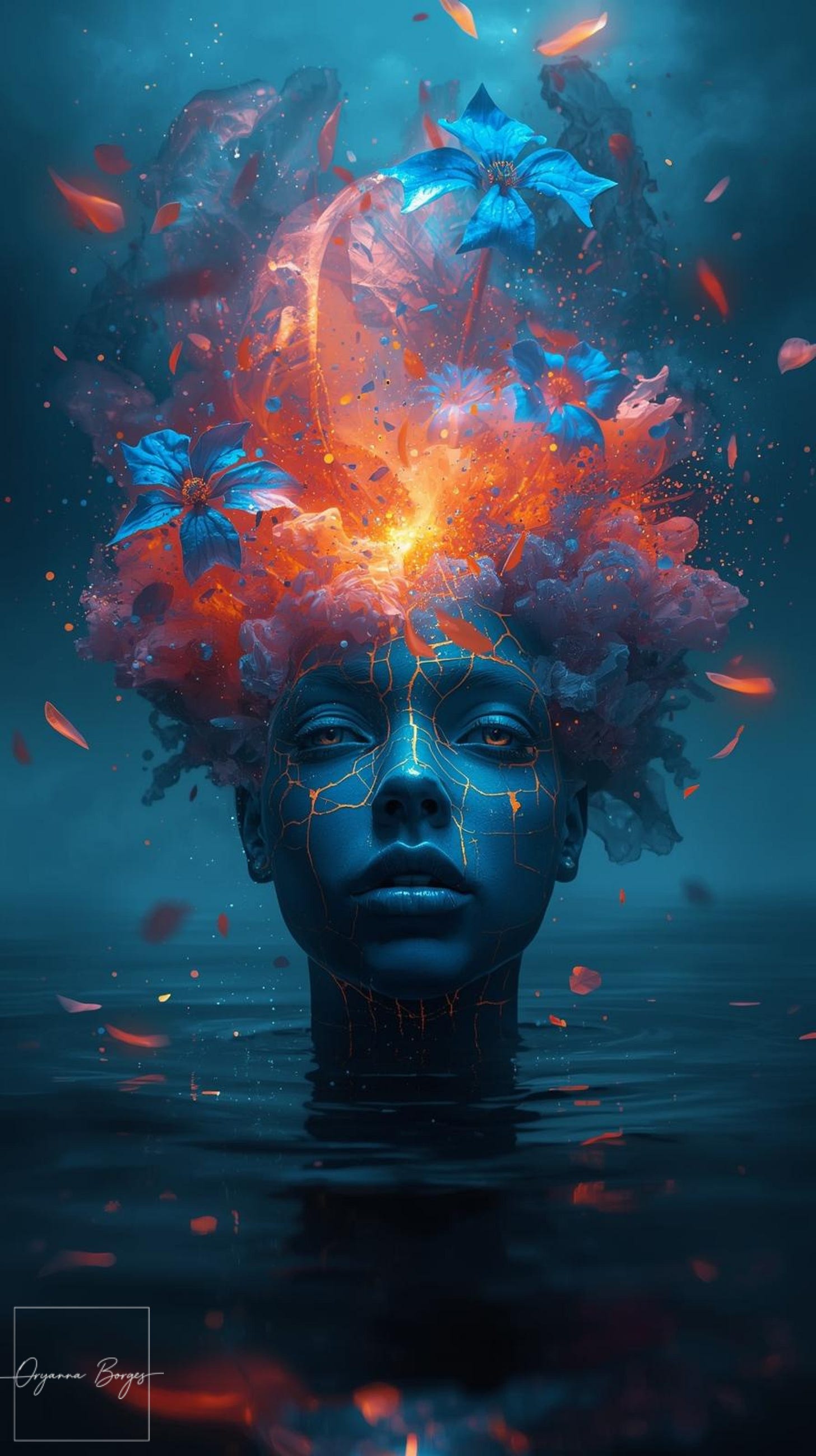 A surreal and evocative digital art piece by Oryanna Borges featuring a blue-toned female face emerging from dark water. Bright orange cracks like glowing lava spread across her skin, while vibrant blue flowers and autumn leaves erupt from her head in a burst of light. The image captures the tension between internal emotional turmoil and the blossoming of consciousness