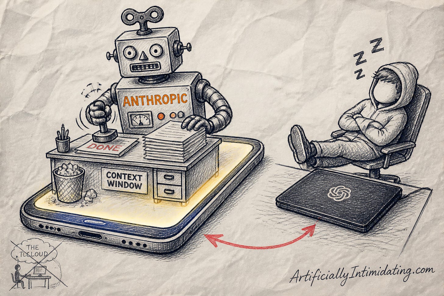 Cartoon: a wind-up robot keeps working at a desk perched on a smartphone while a human dozes by a closed laptop.