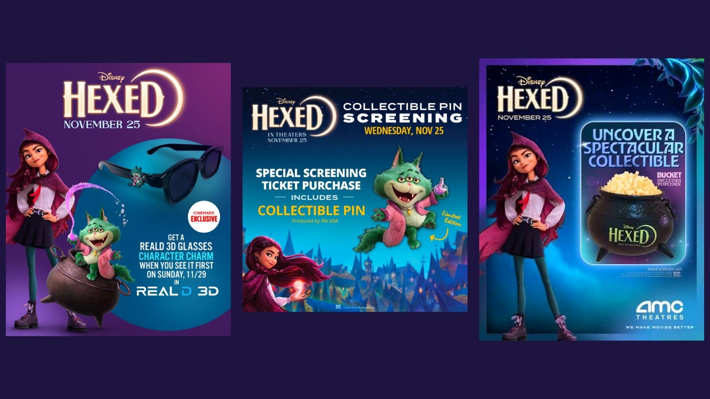 Hexed promotions for Cinemark's RealD 3D glasses charm, Marcus Theatres' collectible pin screening and AMC's cauldron bucket. Image: Cinemark, Marcus Theatres, AMC Theatres