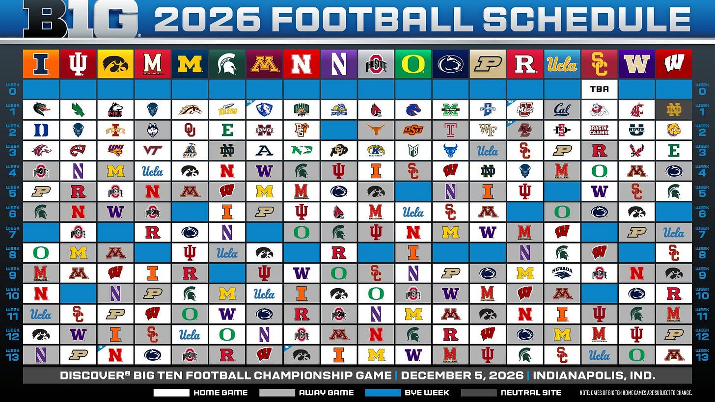 May be an image of ‎football and ‎text that says '‎I ψ M M A 2026 FOOTBALL SCHEDULE E R Uela ផ្លឹមងន M Uela TBA N R N তো w M WF Ucla w M P E ততি R عيد M I N ঋ R AA Ucla M យ R N I M w w I P R M Uela Ucla N I N M Ucla w w I R w お Uela Ucla w O N N आ R ፤ I ሥጂ N I DISCOVER® BIG TEN FOOTBALL CHAMPIONSHIP GAME DECEMBER M R R HOME GAME w M AWA4 GAME P ByE WEEK Uela 2026 INDIANAPOLIS, IND. NEUTRAL‎'‎‎