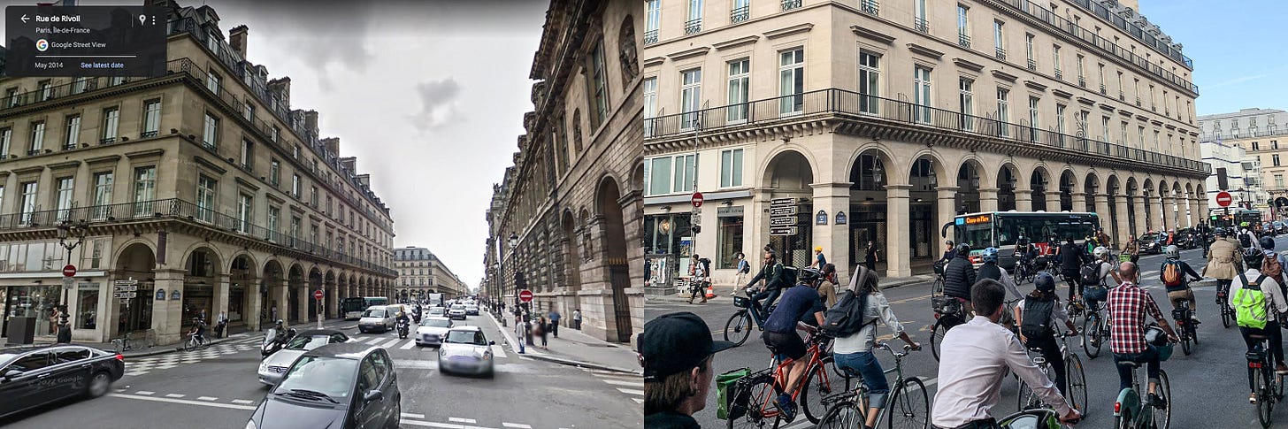 A 2014 photo of the heavily trafficked Rue de Rivoli filled entirely with cars, and a 2023 photo of the same block filled mostly with bikes. A 2014 photo of the heavily trafficked Rue de Rivoli filled entirely with cars, and a 2023 photo of the same block filled mostly with bikes.