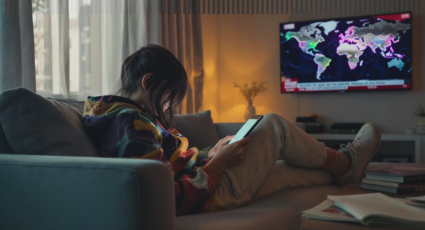 Adolescente de profil sur canapé, tablette futuriste en main, carte Europe-Afrique à la TV en arrière-plan.
