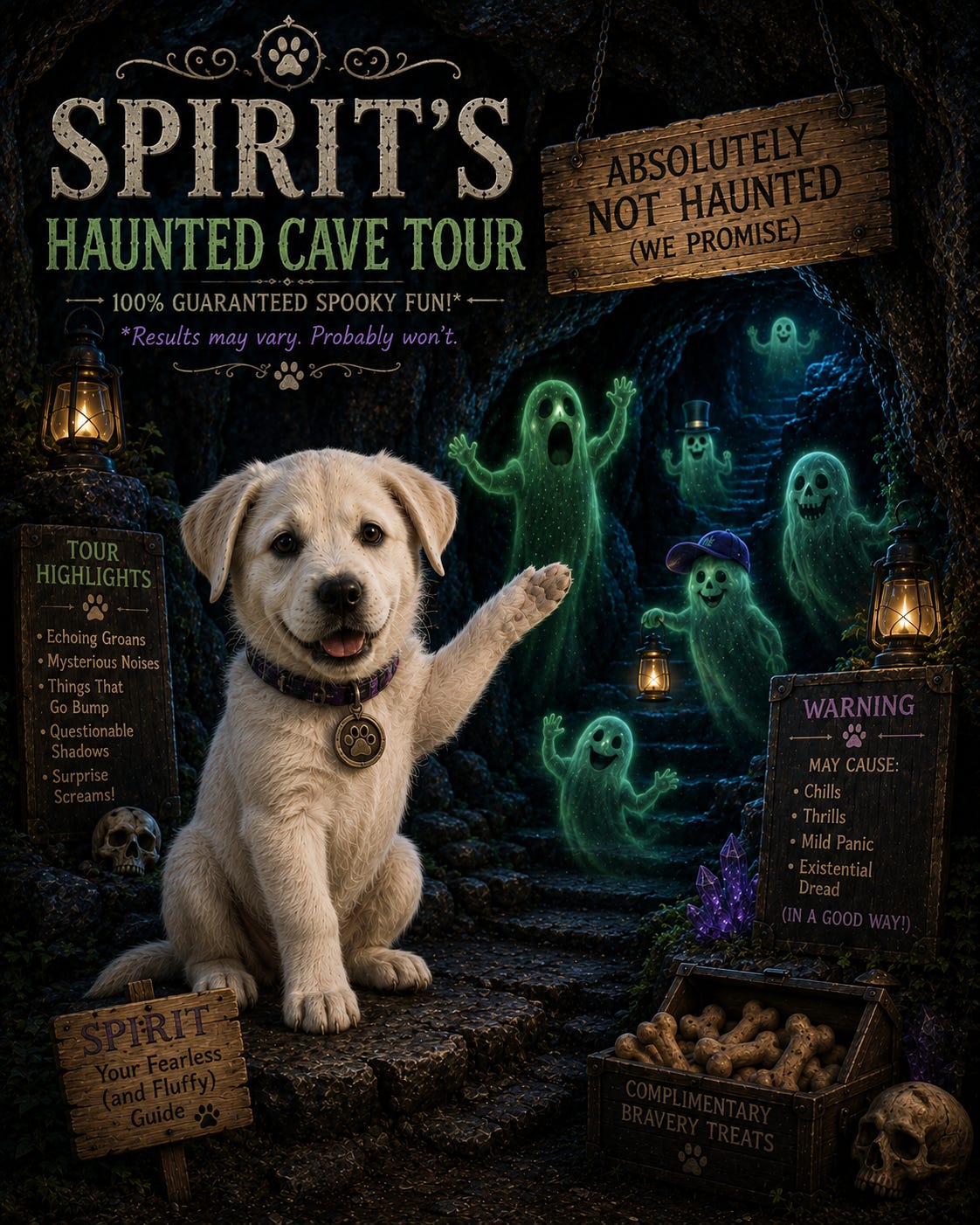 Spirit giving a haunted cave tour