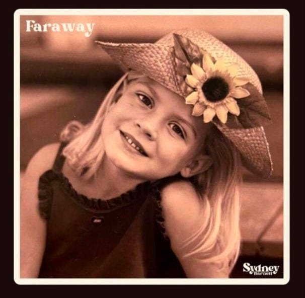 Single cover art 'Faraway' by indie artist Sydney Barnett features vintage-style sepia photograph of young girl in sunflower hat, capturing childhood nostalgia and mother-daughter themes. Spotify release cover design and branding