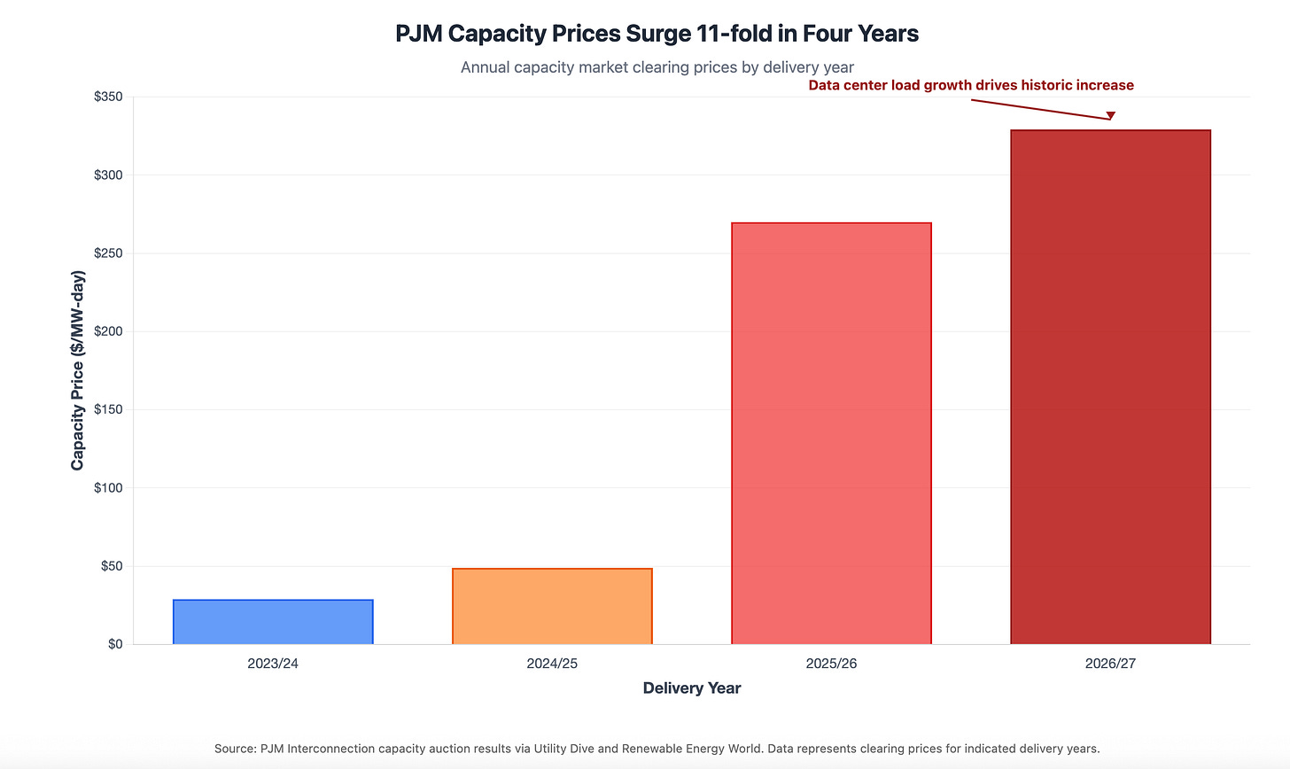 Column chart showing PJM capacity market price escalation from 2023-2027, with prices rising from $28.92 to $329.17 per MW-day
